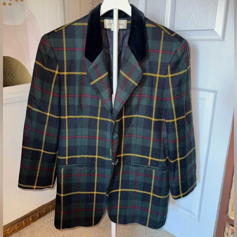 Vintage Classic Tartan Blazer with Velvet Collar - Green Plaid